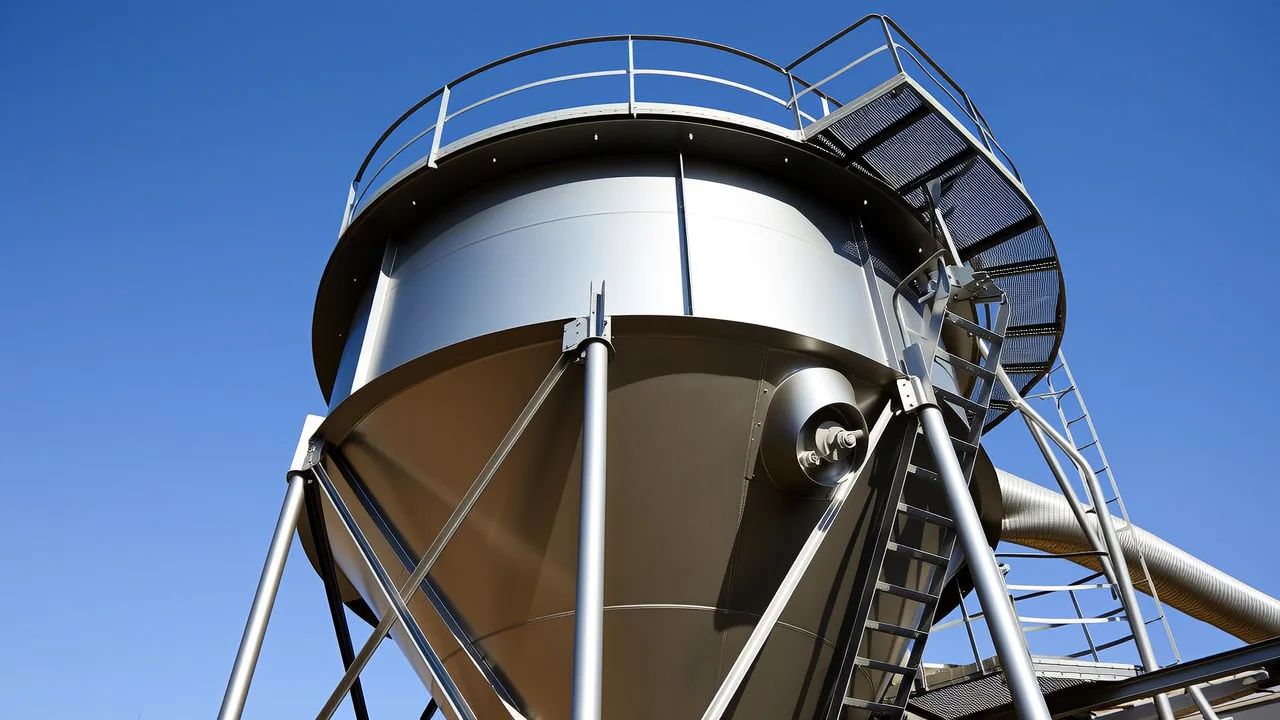 Steel storage silo with conical discharge hopper and access stairway