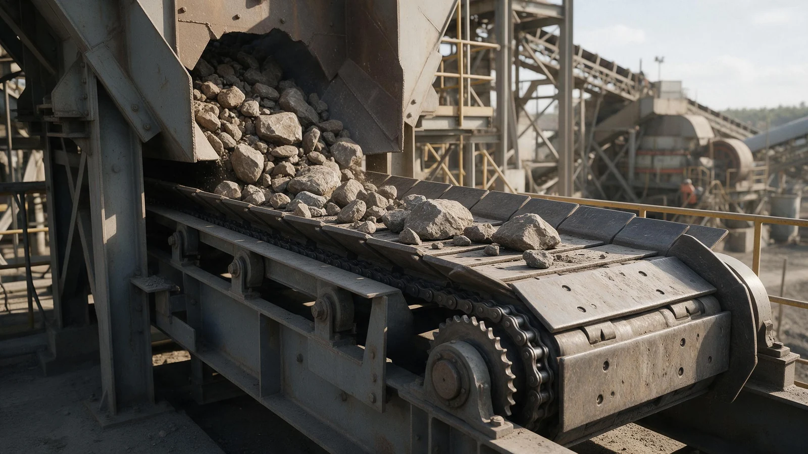 Heavy duty apron feeder drawing run-of-mine rock from a dump pocket