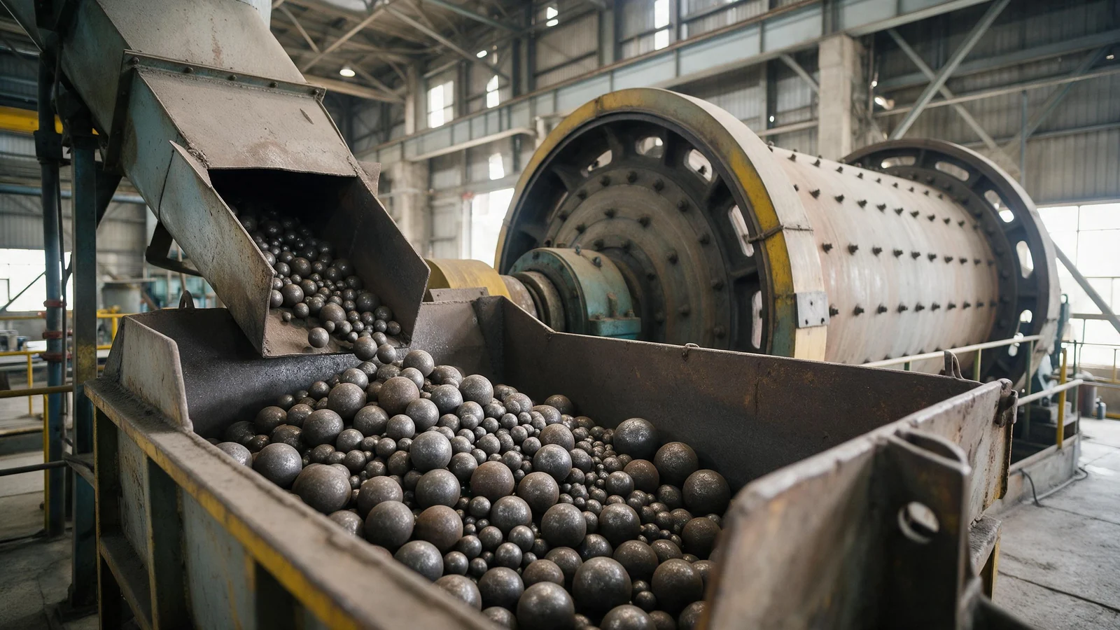 Forged steel grinding balls being charged into a ball mill